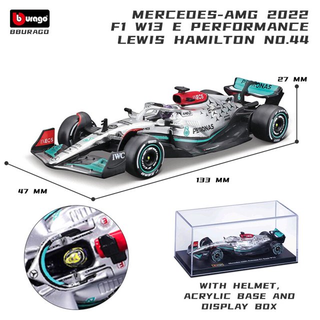 Bburago 1:43 2022 F1 mercedes-amg W13 #44 Hamilton #63 Russell Formula Racing Team Diecast Alloy Car Model Toy Collection Helmet Fivean unisex