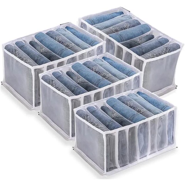 Caja de almacenamiento de jeans, organizador de guardarropa de 4 piezas, cajas de almacenamiento de jeans, caja de separación de malla Cajón de ropa, para pantalones, jeans, suéteres, camisetas, panta