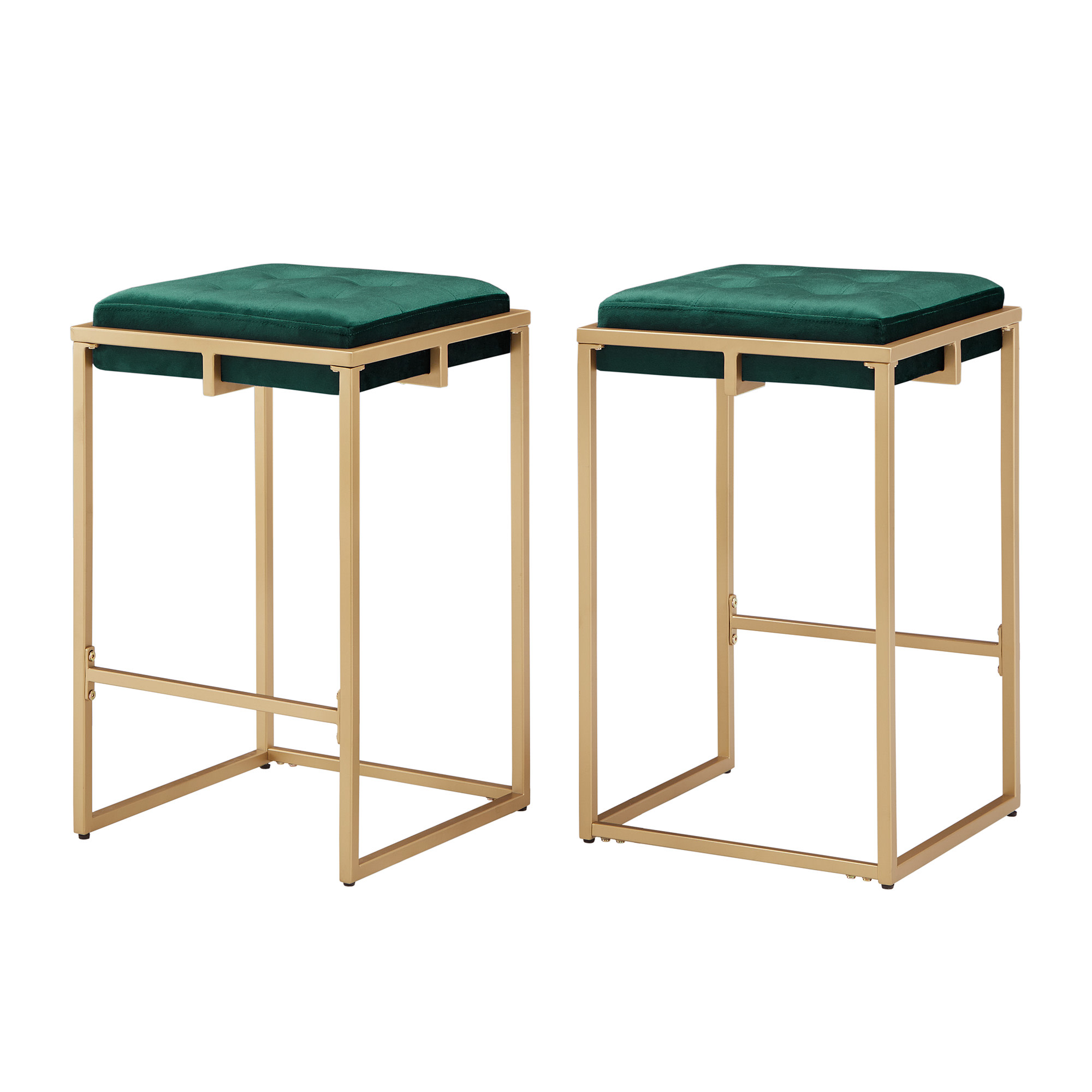 Weston Home Oddie Gold Finish Velvet Button Tufted Counter Stools, Dark Green (Set of 2)