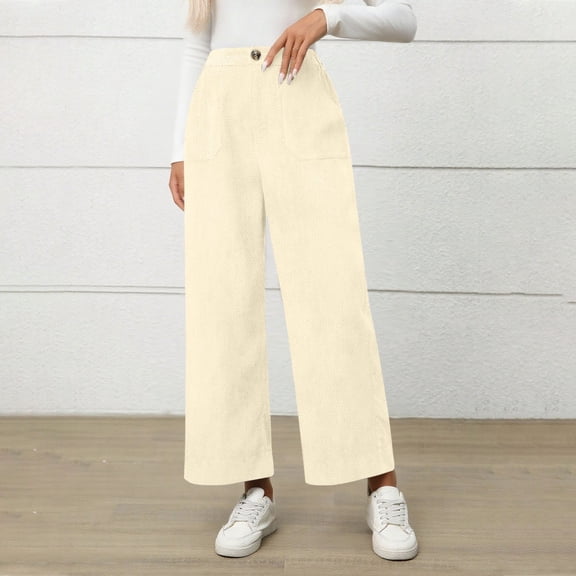 Zedker Women's Stretch Corduroy Casual High Waisted Straight Leg Sweatpants with Pockets, Comfy Pull-On Pants with Elastic Waist,Beige,L