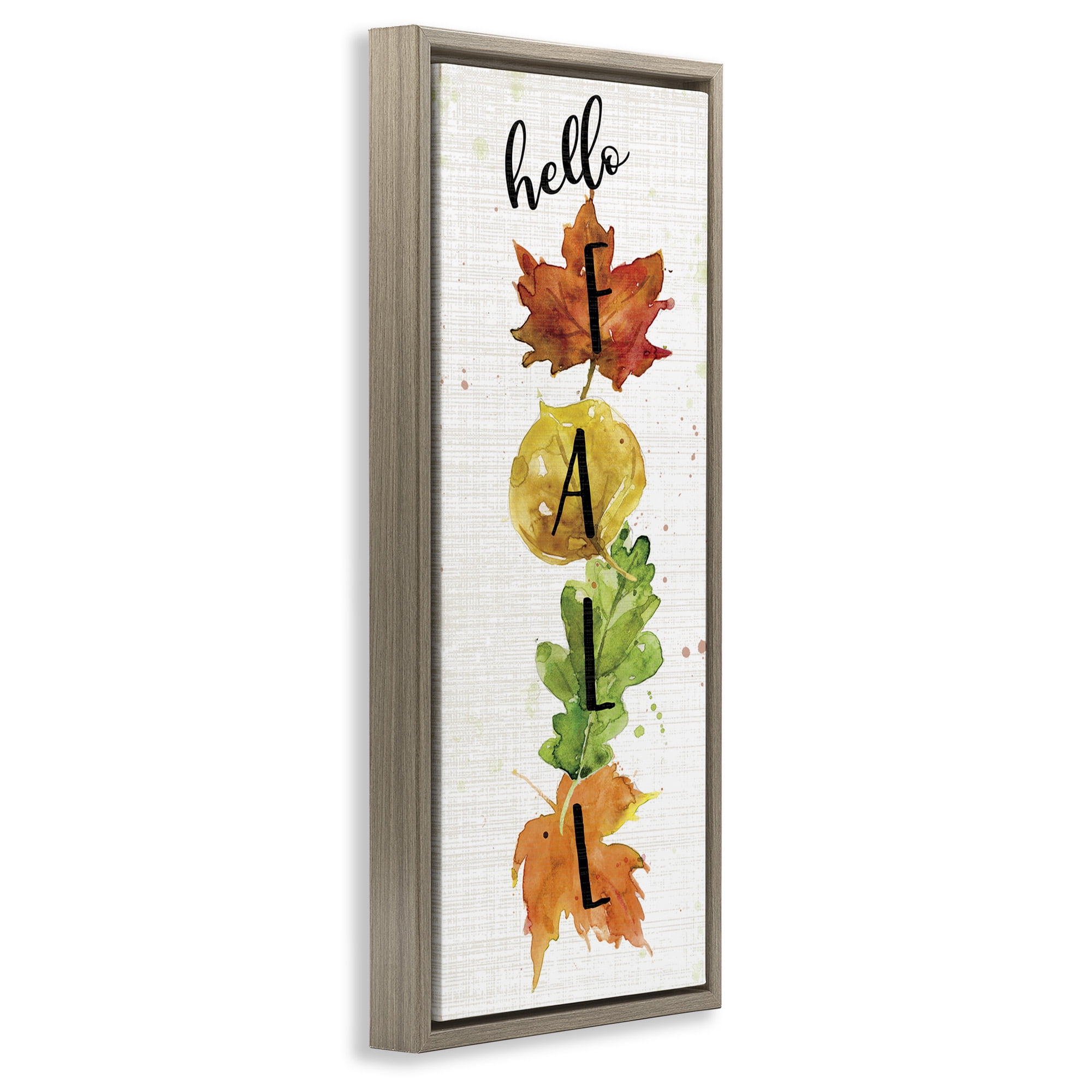 Stupell Industries Hello Fall Autumn Greeting Botanical & Floral Painting Brown Floater Framed Canvas Art Print Wall Art, 15 x 31
