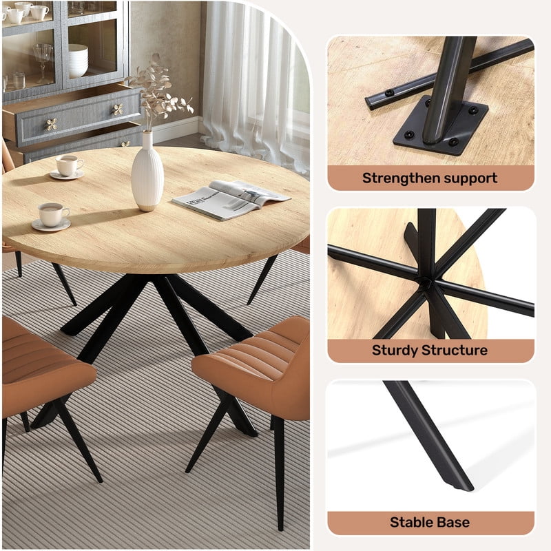 Hawsaiy 47" Round Dining Table for 4-6, Modern Farmhouse Kitchen Table with Metal Legs, Wood Circle Dinner Table for Kitchen & Dining Room, Natural