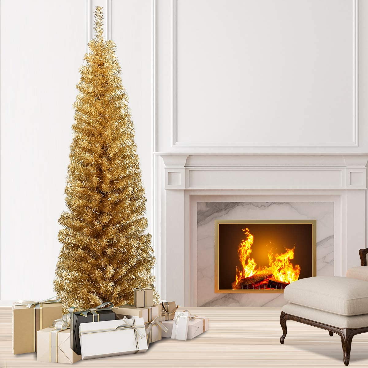 Giantex 6ft Champagne Slim Pencil Tree Tinsel Unlit Christmas Tree