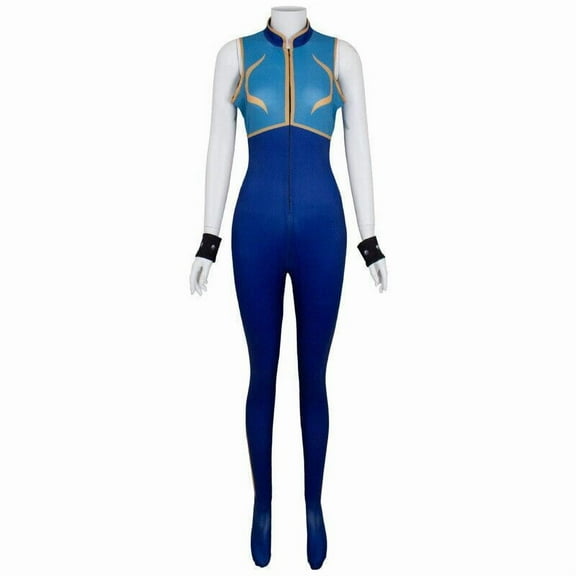Women’s Chun Li Inspired Blue Bodysuit Jumpsuit Battle Style Outfit