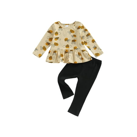 

EYIIYE Toddler Kids Girls Spring Fall 2Pcs Outfits Long Sleeve Bee Print Pullover Tops and Solid Ribbed Knit Pants Set 1-6 Years