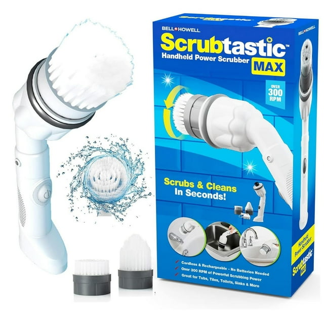 Bell+Howell Scrubtastic Max cordless rechargeable handheld power scrubber with two interchangeable brush heads and product box showing features