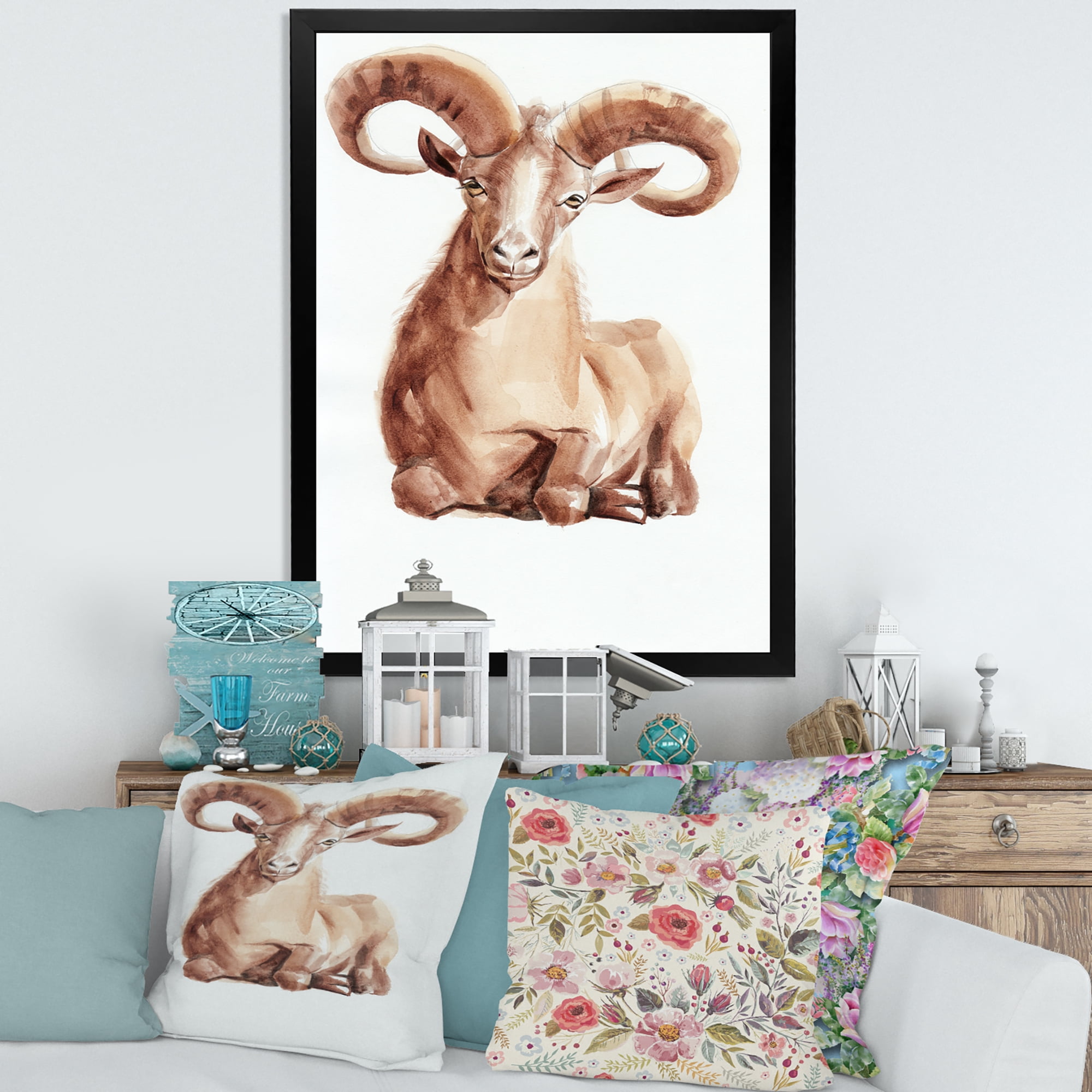 Designart 'Abstract Portrait of Wild Ram With Mighty Horns II' Farmhouse Framed Art Print
