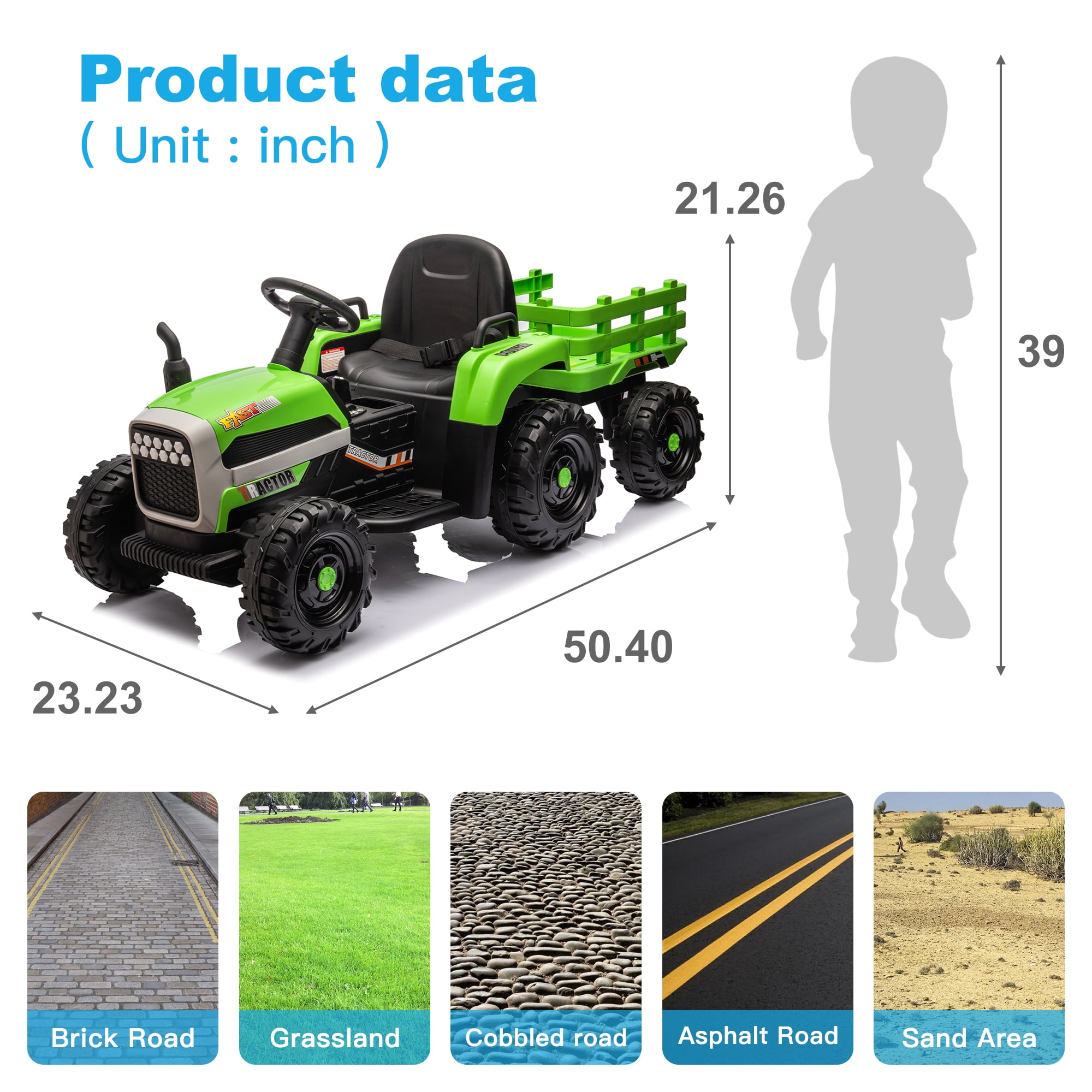 CIPACHO 12v Battery-Powered Kids Toy Tractor with Trailer and 3-Gear-Shift Ground Loader Ride On with USB&Bluetooth Audio Functions, Green CIPACHO 12v Battery-Powered Kids Toy Tractor with Trailer and 3-Gear-Shift Ground Loader Ride On with USB&Bluetooth Audio Functions, Green