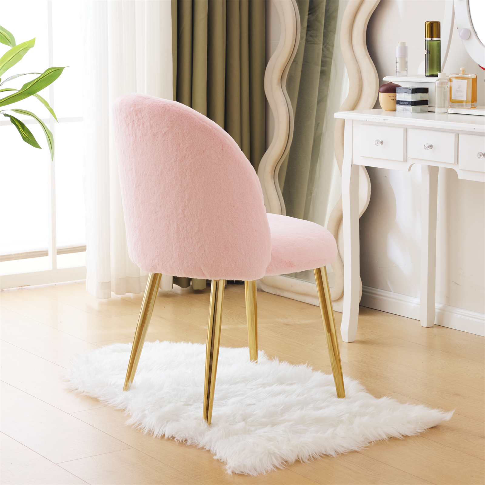 Ktaxon Vanity Makeup Chair Comfy Accent Chair Small Office Chair for Living Dining Room Bedroom Home Office Faux Rabbit Hair Pink