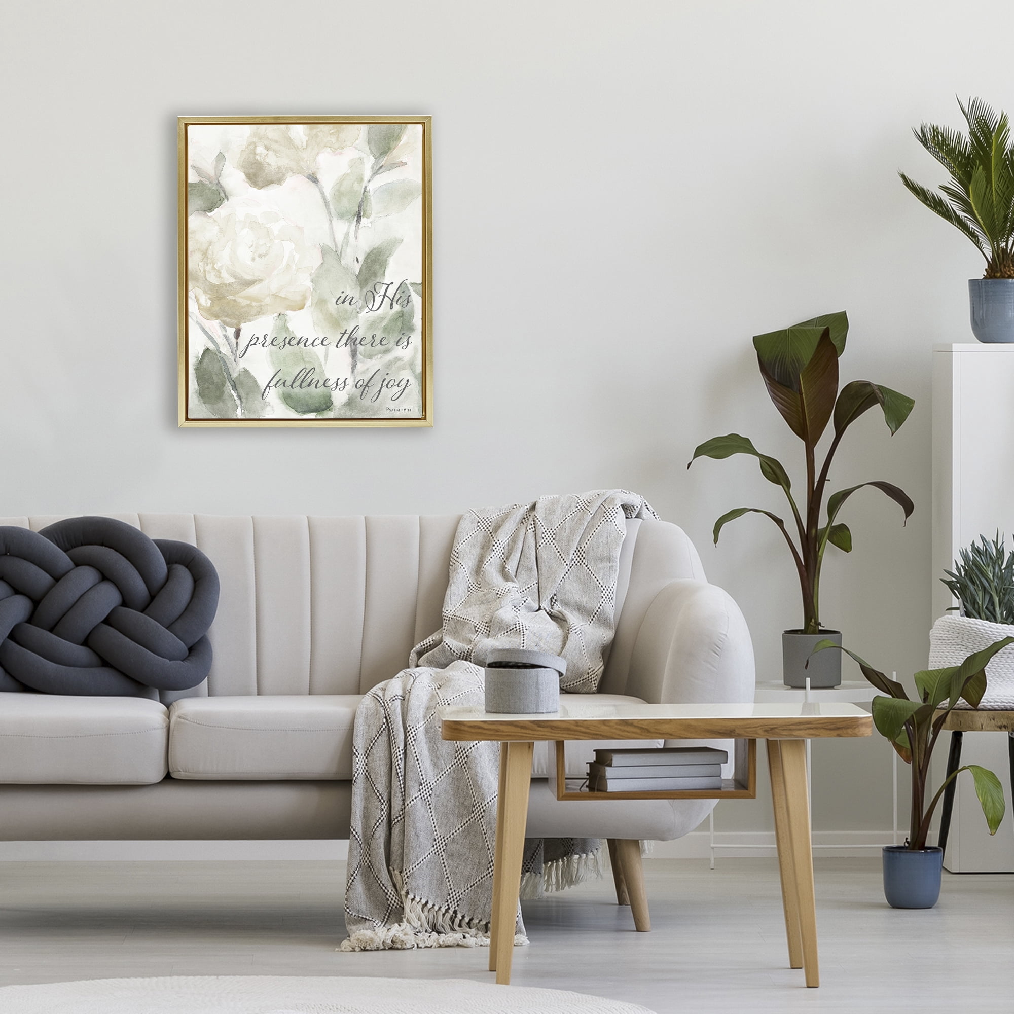 Stupell Industries His Presence Floral Scripture Gold Framed Floater Canvas Wall Art, design by Lanie Loreth