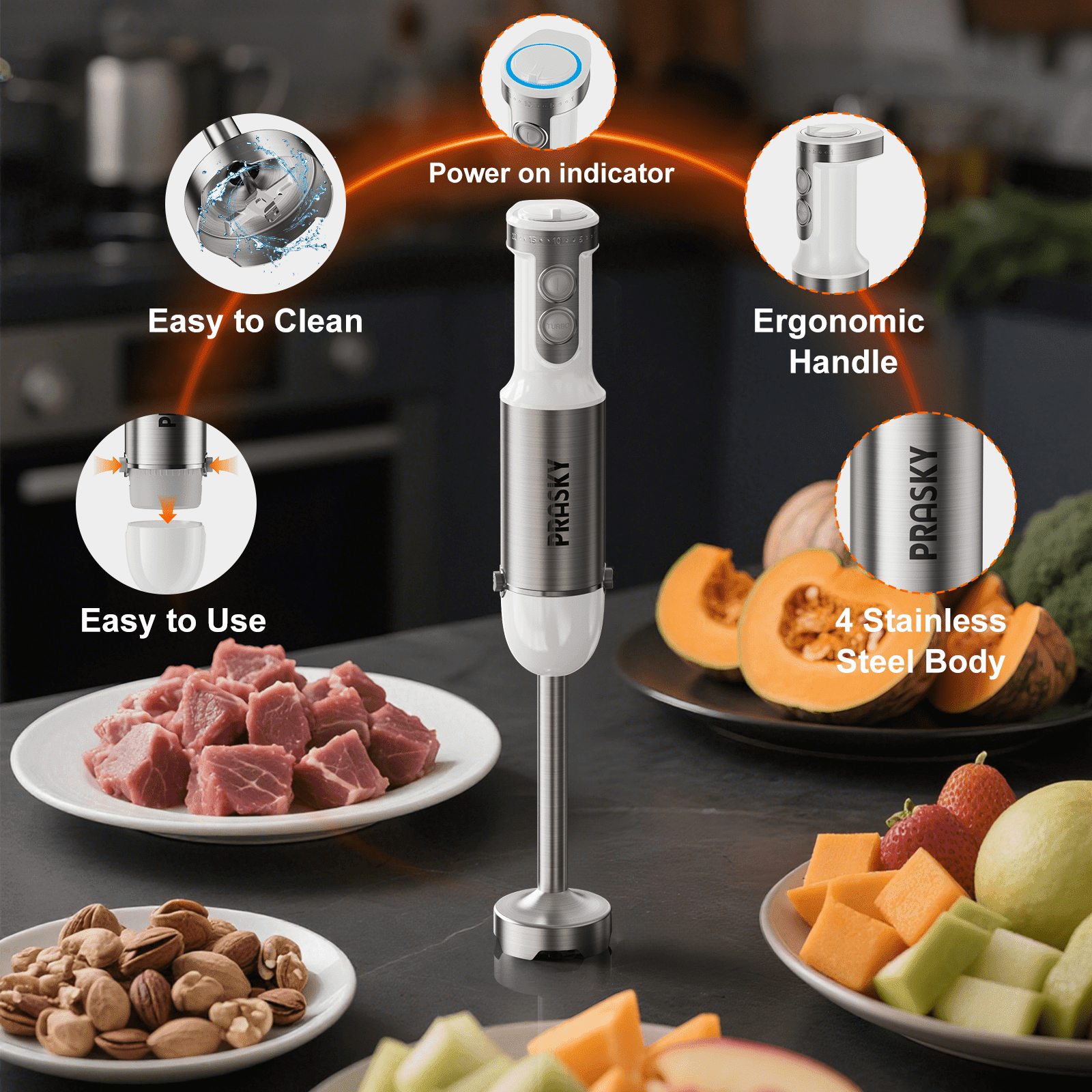 PRASKY Immersion Hand Blender, 6-in-1 Handheld Blender for Kitchen, 20 Speeds Food Processor, Egg Whisk, Milk Frother, Beaker (White)