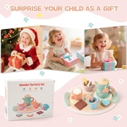 BUSY EDITION 16-Piece Wooden Tea Party Set for Toddlers 3-5 – Pretend Play Kitchen Accessories with Teapot, Cups, Coasters & Desserts