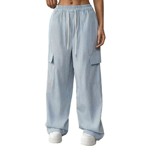 Wide Leg Pants Women Sevevn Women's Wide Leg Striped Pants Drawstring Low Waisted Casual Loose Trousers with Pockets
