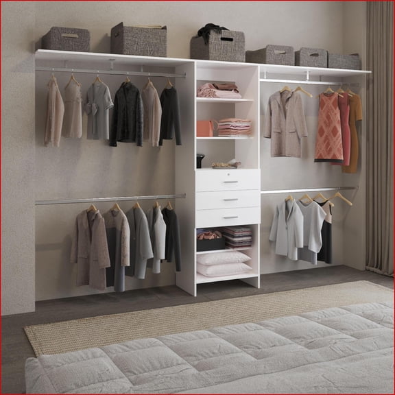 Closet System, Adjustable 69-118"W with 4 Hanging Rods, 5 Shelves, 3 Drawers | White | MDF