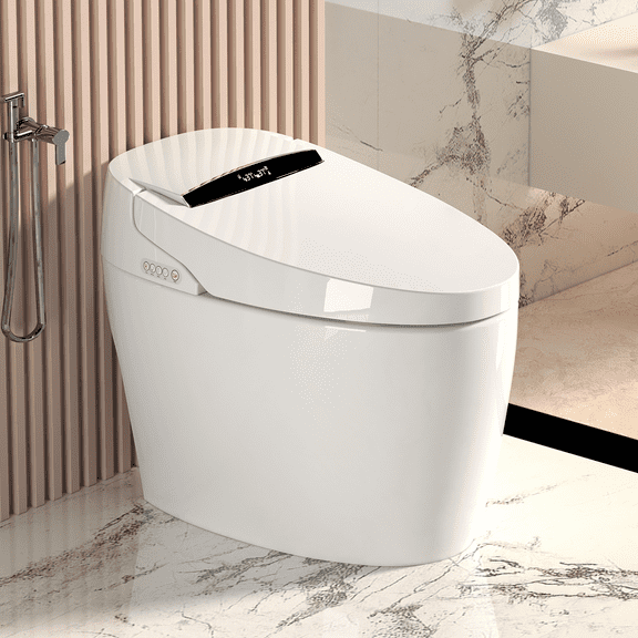 Modern Smart Toilet with Built-in Bidet, Tankless One-Piece Electric Toilet, Automatic Open/Close Lid, Heated Seat, Warm Air Dryer, LED Display & Night Light, White