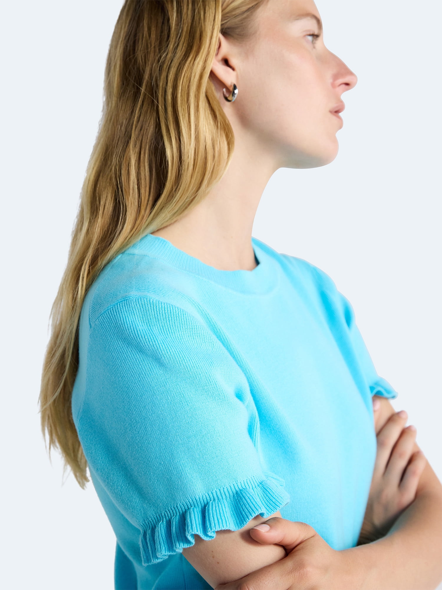 Free Assembly Women’s Ruffle Trim Sweater with Short Sleeves, Lightweight, Sizes XS-XXL