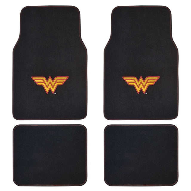 BDK Warner Bros DC Comics Classic Wonder Woman - Juego de 4 alfombrillas para coche, ajuste universal para coche, camión, furgoneta, SUV, parte delantera de 26.0 x 16.5 in, trasera de 14.0 x 16.5 in,