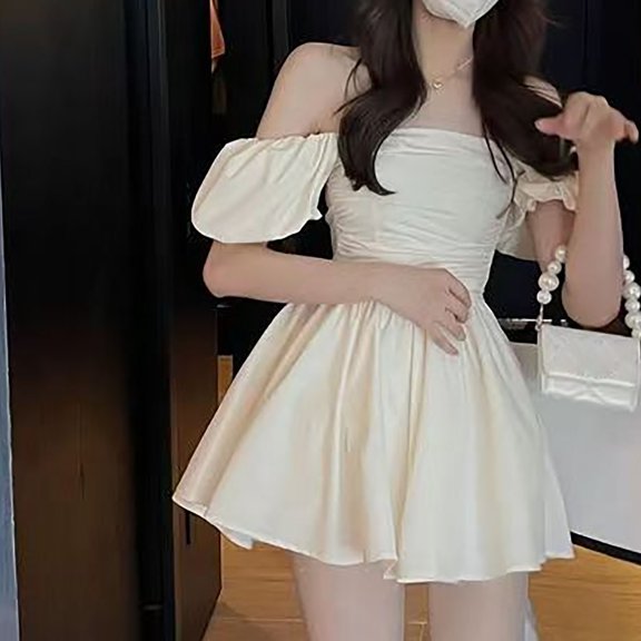 Dress for Women Puff sleeves One-shoulder Flowy Puffy Mini Skirt Fitted Solid color Pleated Waist Sundress(White,S)