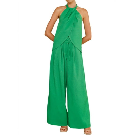 Women'S 2 Piece Outfits 2025 Summer Casual Sleeveless Mock Neck Crop Tops Wide Leg Pants Set Green S