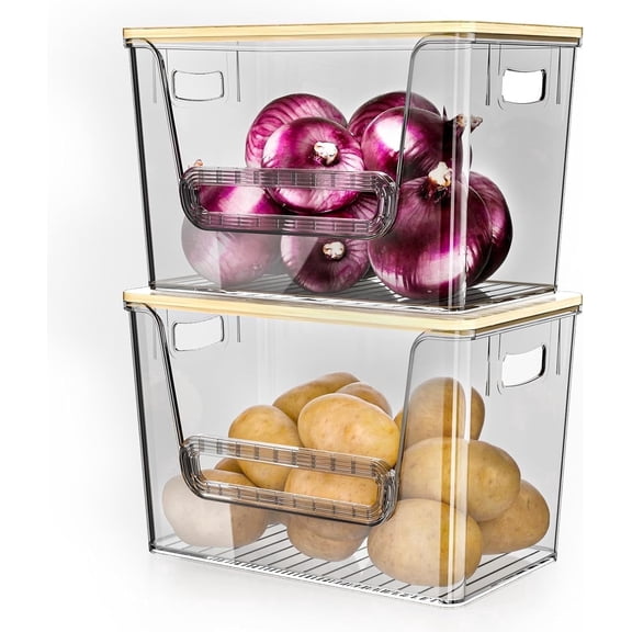 LazySpin Potato Storage Bins,2 Pack Stackable Kitchen Pantry Organizers and Storage with Bamboo Lid,Gray