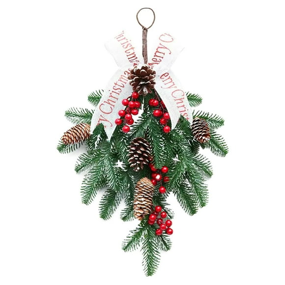 witspace Artificial Christmas Pine Branch Red Bery Spray Snow Teardrop Wreaths Picks, 19.5in Faux Winter Pine Cones Ribbon Bow Greens Xmas Swag for Front Door Farmhouse Style Home Decor