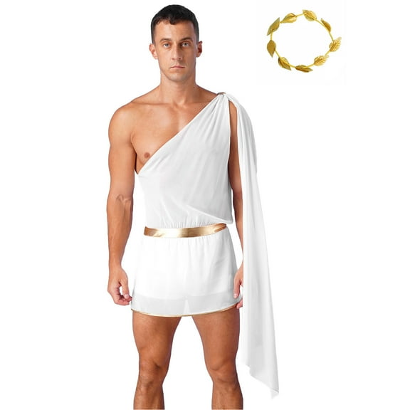 Alvivi Mens One Shoulder Ancient Roman Greek Toga Skirted Bodysuit with Gold Leaves Garland Headwear White S