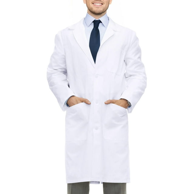 NY Threads Professional Lab Coat for Men, medium size, in white. This long-sleeve poly cotton medical coat features a modern design with functional pockets, providing comfort and durability for laboratory or professional use. The lightweight fabric is machine washable and wrinkle-resistant, ensuring easy care.