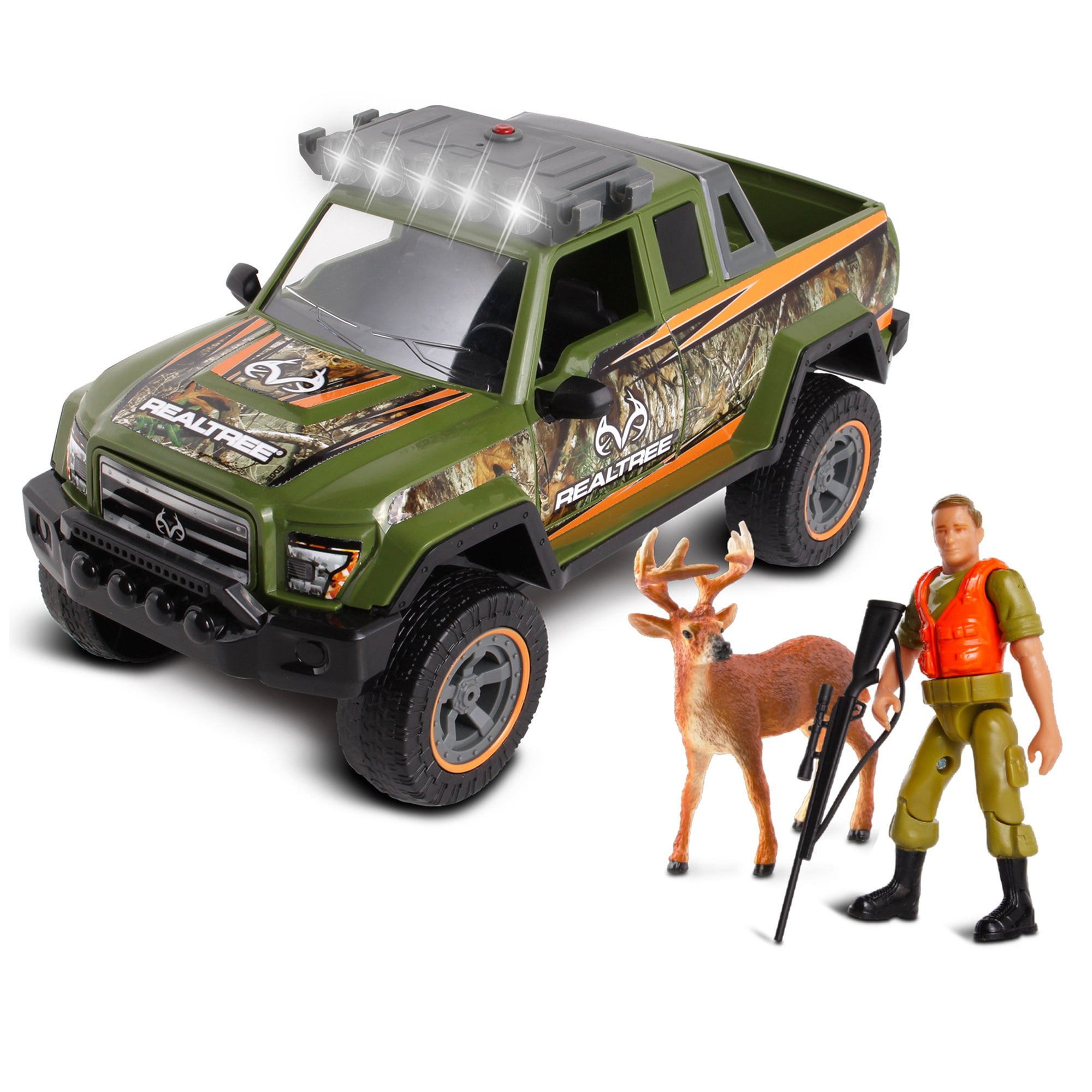 NKOK RealTree 1:18 Scale: Buck Hunting Playset - 4 Piece Friction Powered Lights & Sounds Truck Playset, RealTRee Edge Camouflage, Buck Hunting #21721,  Officially Licensed, For Kids Ages 3+