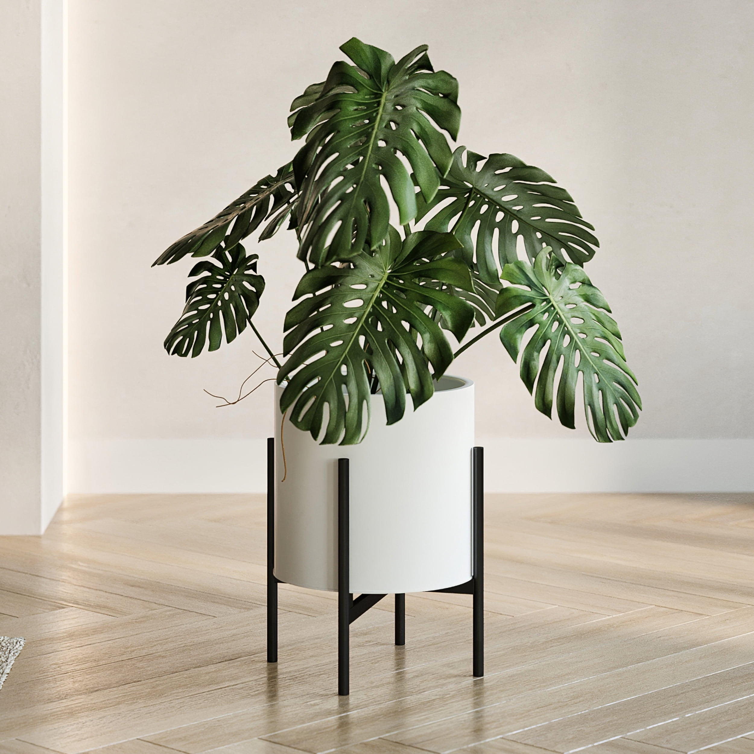 Raya White Mid-Century Modern Indoor Metal Pot Planter with 4-Leg Metal Base - 14.75" H x 11.75" W