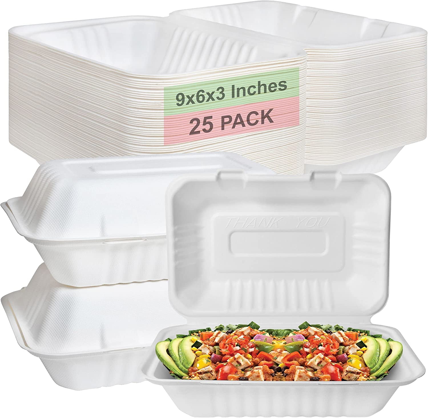 Compostable Square Hinged Clamshell Take Out Food Containers 9x6x3