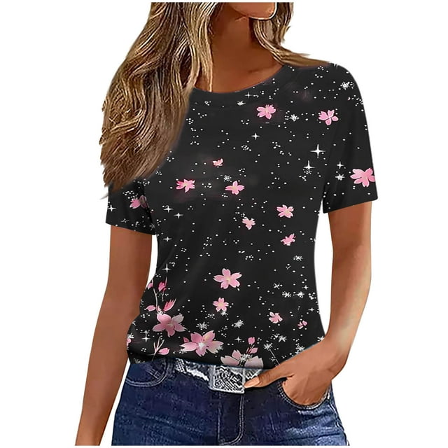 Pisexur Hauts pour Femmes, Hauts de Printemps pour Femmes 2025, Hauts pour Dames, T-shirt Imprimé Décontracté et Tendance pour Femmes avec Col Rond et Manches Courtes Noir, P