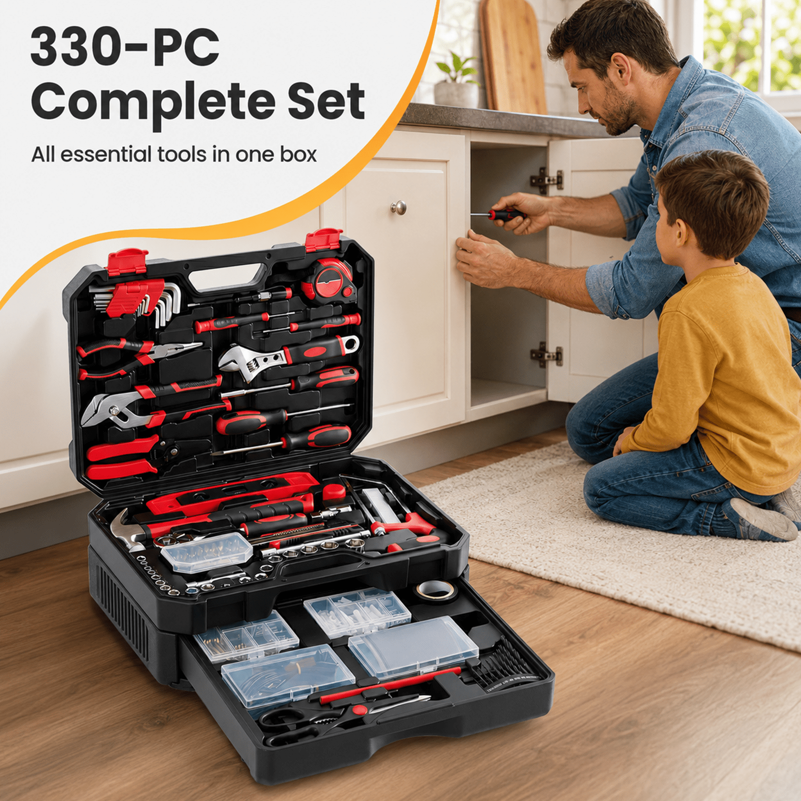 Alvantor 330-PC Home Auto Repair Tool Kit, Toolbox Storage Case with Drawer, General Household Tool Set, Perfect for Diyer, Handyman