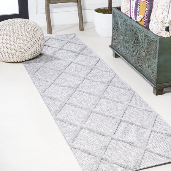 JONATHAN Y IBIZA 2 x 8 Runner Rug, Salines Diamond Trellis - Light Gray, IBZ101C-28