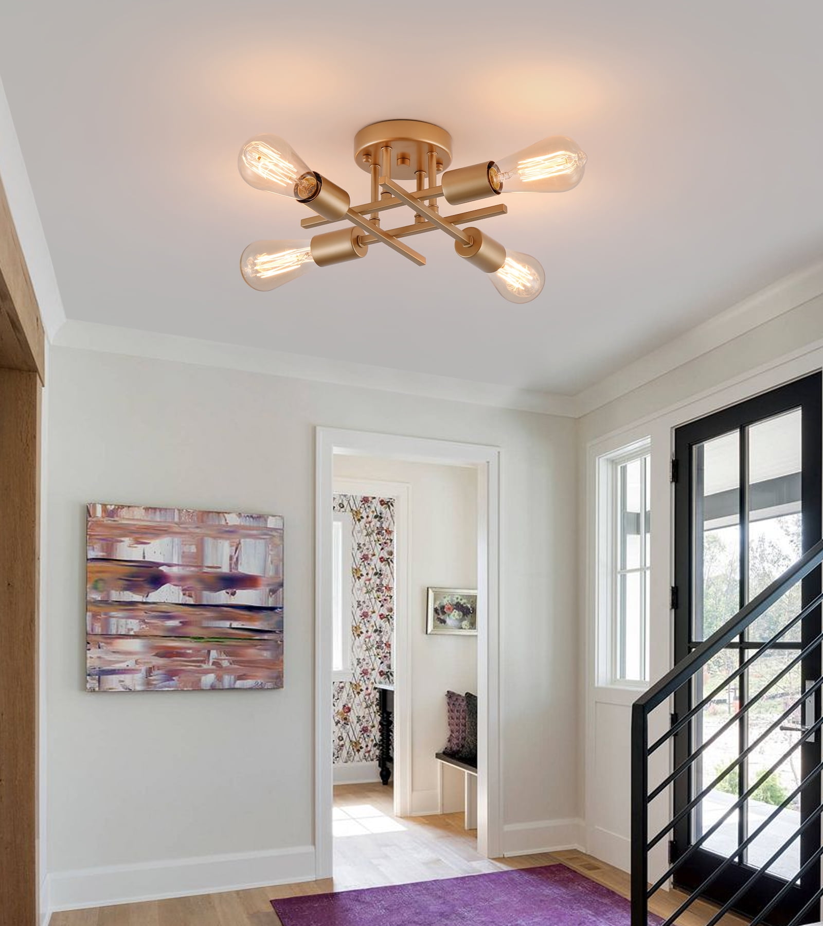 Q&S,Gold Finish,Sputnik Chandelier 4-Light Ceiling Light Semi Flush Mount for Bedroom Living Room