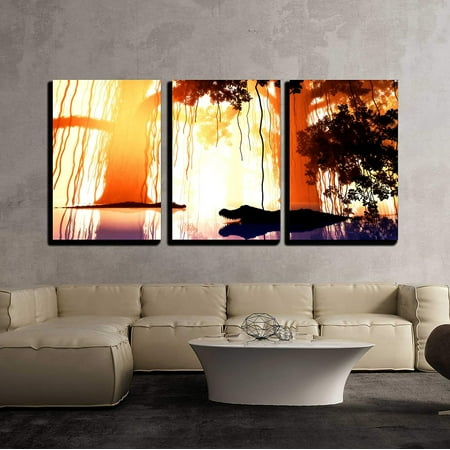 Fairy Fantasy Canvas Art - Wall26 - Aligators in Mysterious Fairy Tale Fantasy Deep Jungle in Water at Night 3D Illustration - Canvas Art Wall Decor - 24