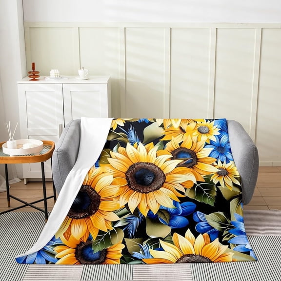 Sunflower Blue Floral Soft Fuzzy Plush Throw Blanket for Couch Bed Sofa Home Decor for All Seasons