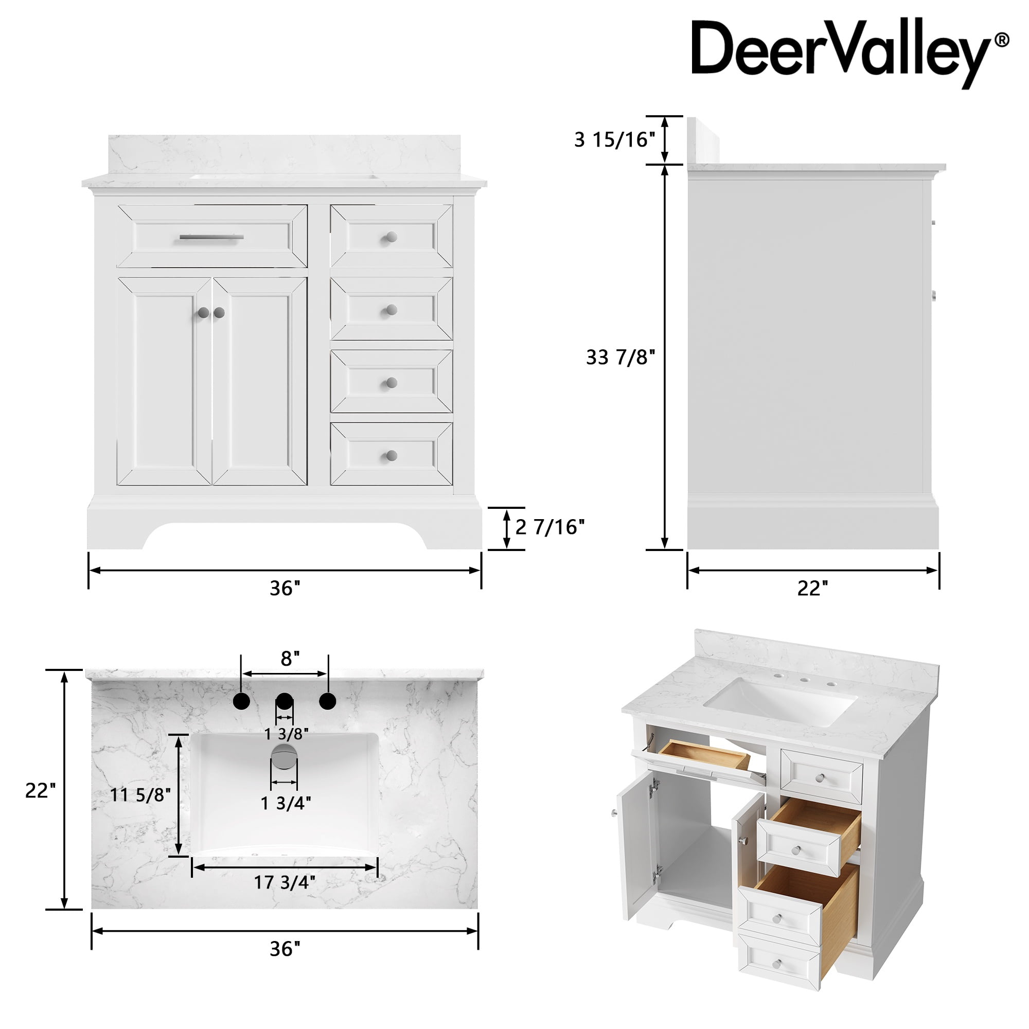 DeerValley Heritage 36" Pre-Assembled Bathroom Vanity Set with Ceramic Sink, White Cabinet & 3.9" Backsplash, DV-1BV0155W