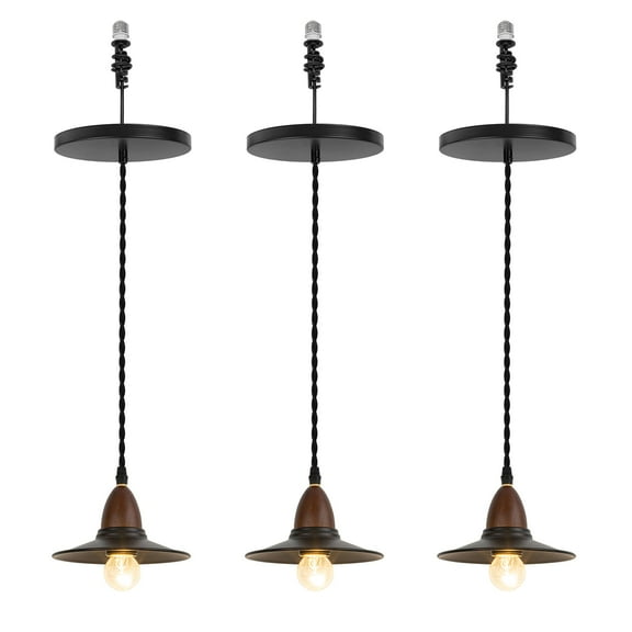 KAYYELAMP 3-Pack Black Metal Shade Hanging Light E26 Brown Wood Base Adjustable Height Droplight Retro Design Pendant Light for Kitchen Island Sink Restaurant
