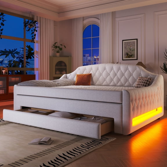 Harper & Bright Designs Full Buttons Tufted Daybed with Nail Head Decoration, Luxurious Linen Upholstered Sofa Bed wih LED Light for Living Bedroom Guest Room, Beige