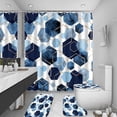 thumbnail image 4 of Juego de 4 cortinas de ducha de color azul con diseño geométrico, juego de cortinas de baño abstractas de arte moderno en azul marino con 12 ganchos, alfombra de baño y alfombrillas de inodoro, 4 of 6