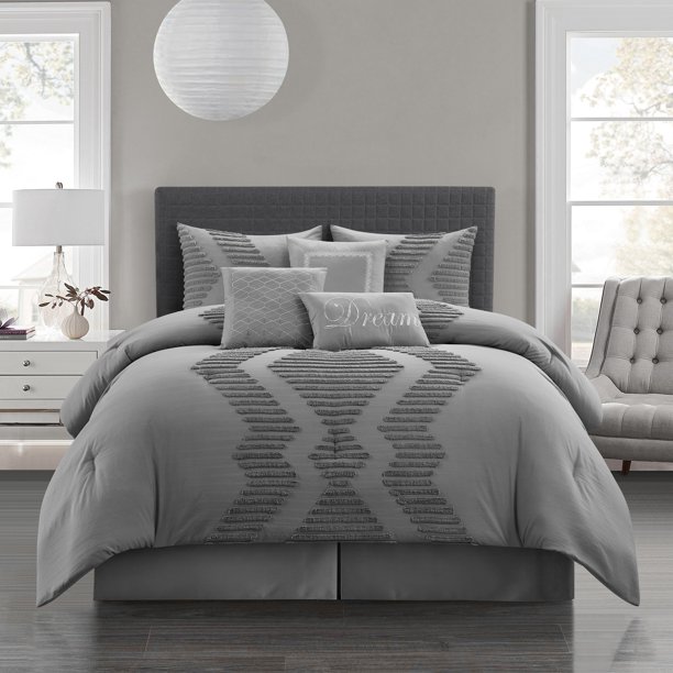 Lanco Tufted Embroidery Comforter Set Queen Size , 7 Piece Grey Fashion