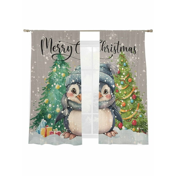 Christmas Cute Sheer Curtains 2 Panels Set, Xmas Tree Snowflake Grey Window Sheer Curtains for Living Room/Bedroom, Light Filtering Rod Pocket Voile Drapes, 52" W x 72" L