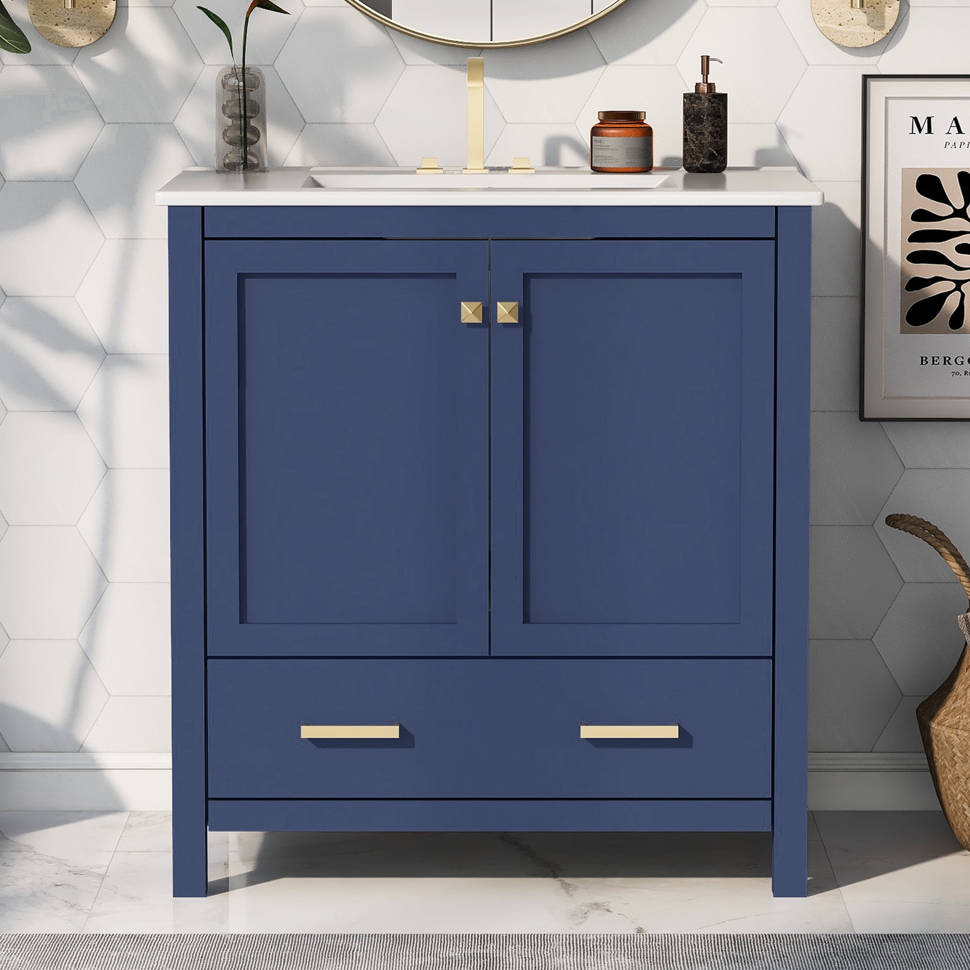 Harper & Bright Designs 30" Bathroom Vanity with Sink Combo, Bathroom Cabinet with Ceramic Top, Multifunctional Storage Doors and Drawer, Blue