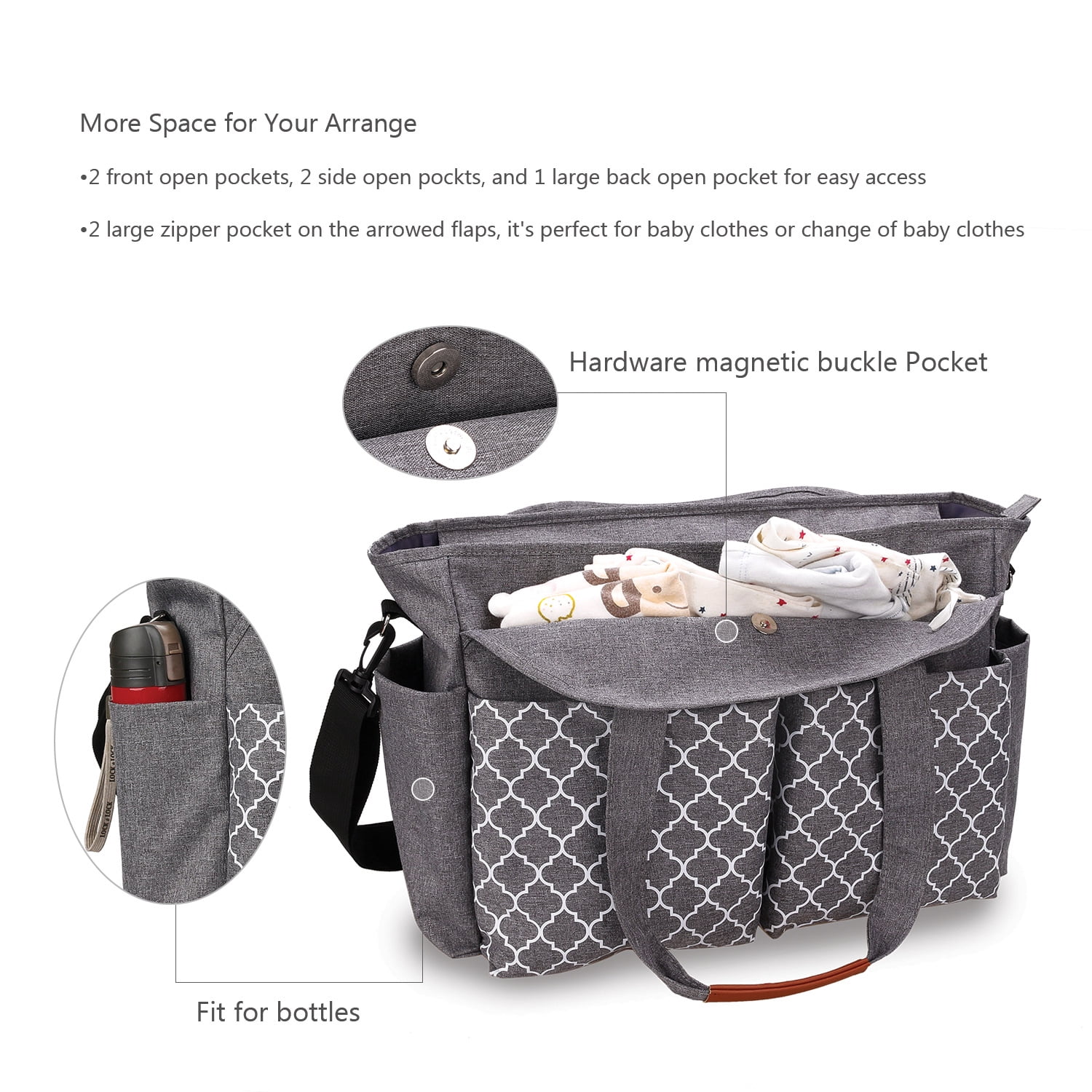 Diaper Bag Tote with Pacifier Holder Travel Diaper Bag with Adjustable Shoulder Strap and Insulated Pockets, Gray