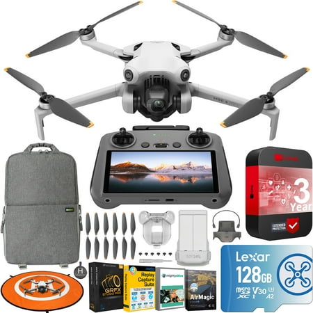 DJI Mini 4 Pro Folding Drone with RC 2 Remote (With Screen) 4K HDR Video, Under 249g, 34 Mins Flight Time, Omnidirectional Vision Sensing Bundle with 3 Year CPS Extended Warranty & Accessories