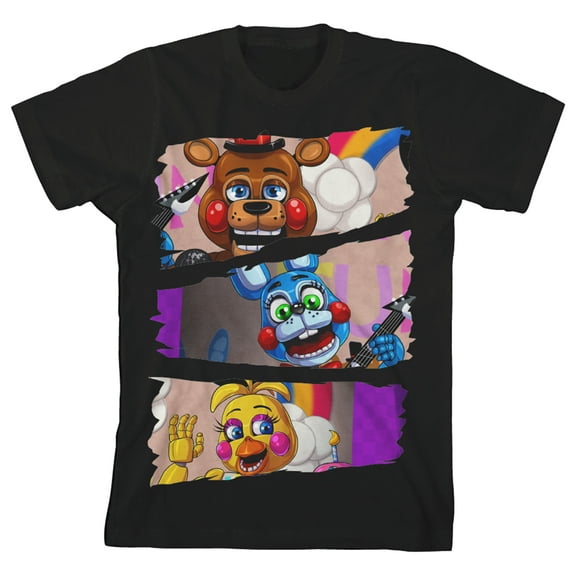 Five Nights at Freddy's Characters in Stacked Design Youth Black Short Sleeve Crew Neck Tee-Medium