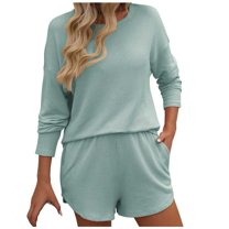 biudgviw Lounge Set for Women Knit 2 Piece Outfits Long Sleeve Loungewear Casual Shorts Sweatsuit with Pockets