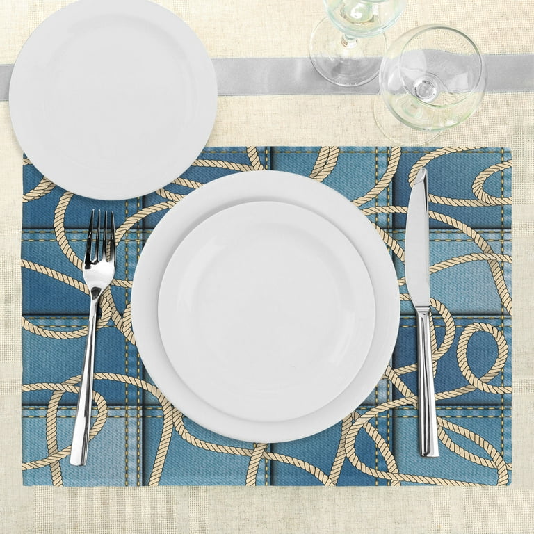 Nautical Placemats Set of 4 Various Patches of Denim Sea with Sailor Rope on Foreground Image Art Print, Washable Fabric Mats for Room Kitchen Table Decor,Blue, by Ambesonne -