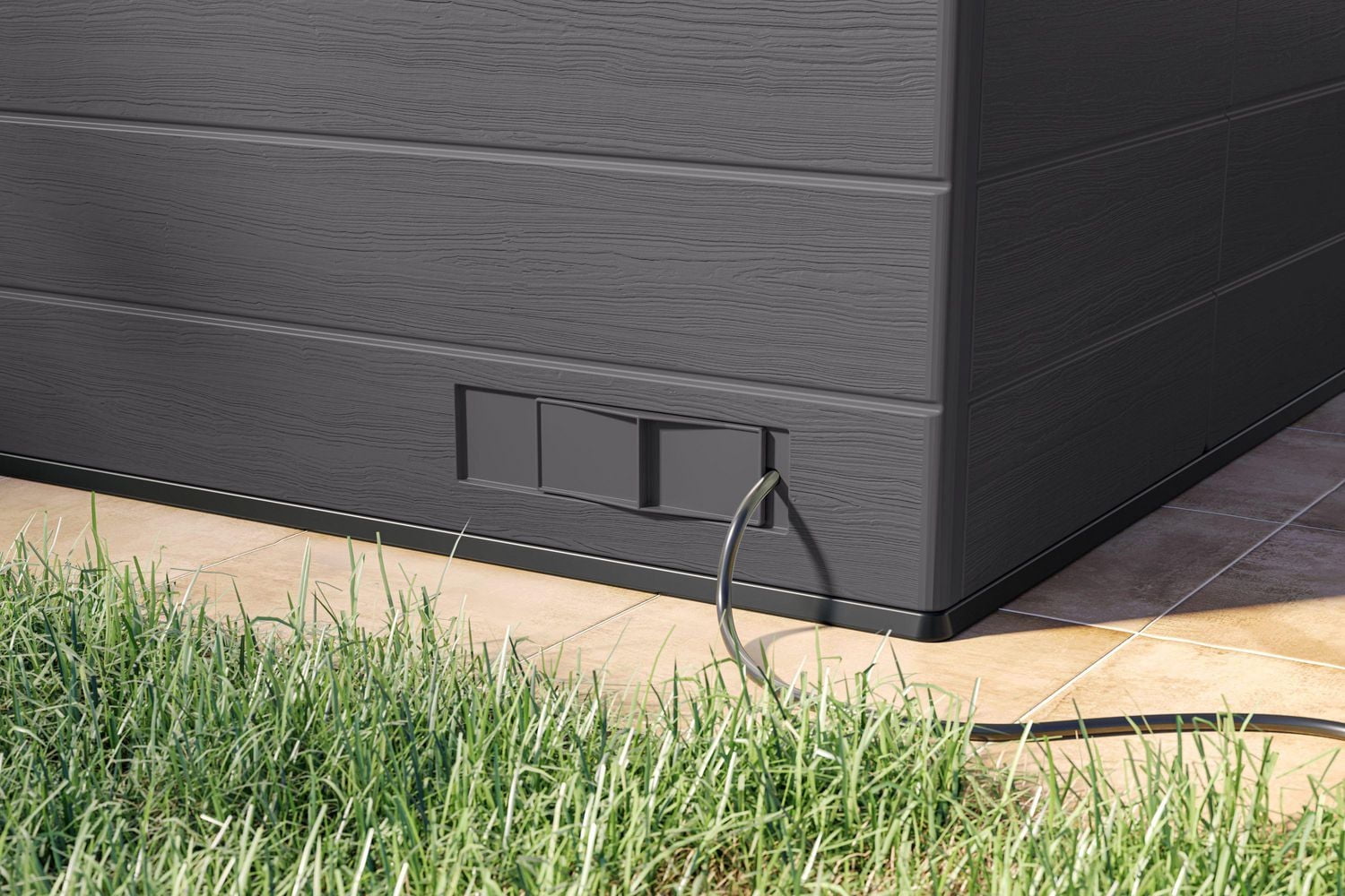 Suncast Remise de divertissement en résine 8 pi x 7 pi – Abri de rangement extérieur et bar 60 Sq ft (capacité de 362 pi³) – Gris froid / Gris colombe