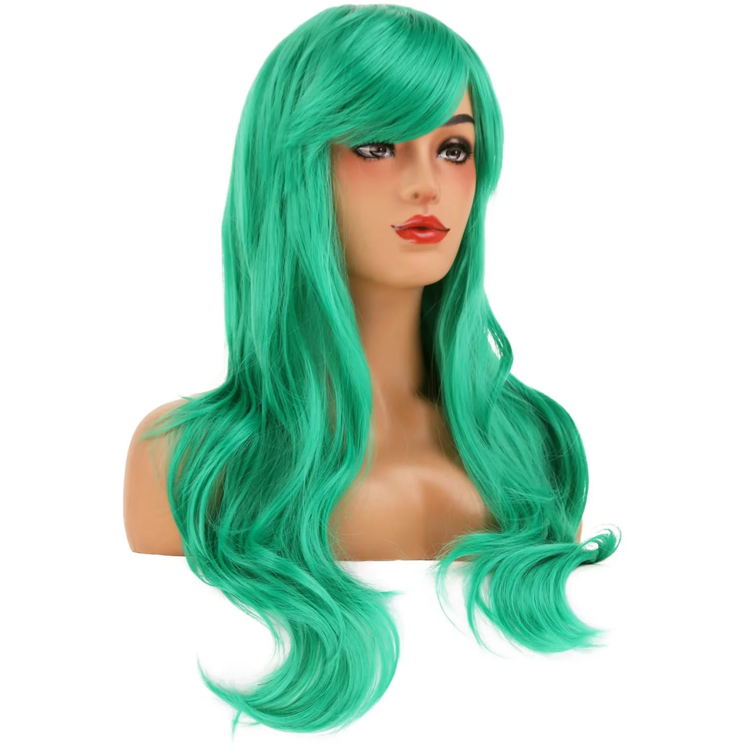 RightOn 26 Inches Dark Green Wig With Bangs Long Wavy Wig for Women Daily Use